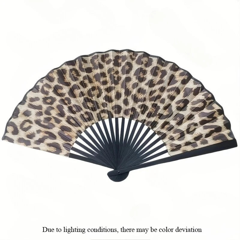 Women's Leopard Print Folding Hand Fan – Vintage Accessory Folding Hand Fan Axl brown-1pcs
