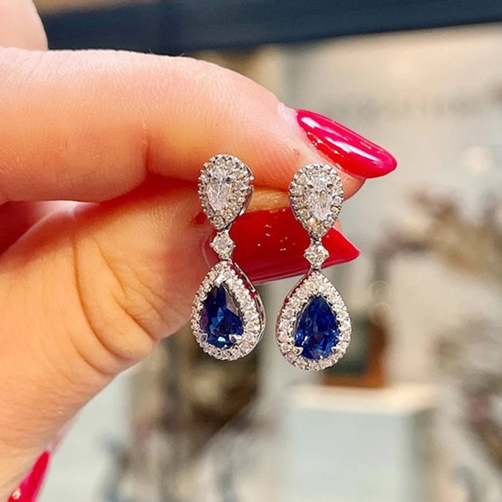 Huitan Water Drop CZ Earrings – Blue & White Cubic Zirconia Drop Earrings Axl