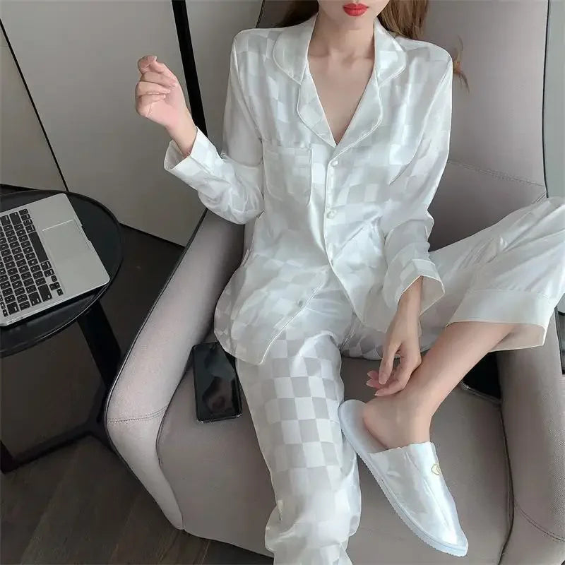 Women's Ice Silk Striped Pajama Set – Long Sleeve Sleepwear Women's Pajama Set Axl white-plaid 5XL