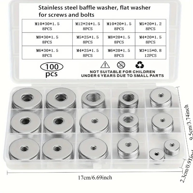 100pcs Stainless Steel Flat Washer Kit – 12 Sizes M3 to M12 Flat Washer Kit Axl