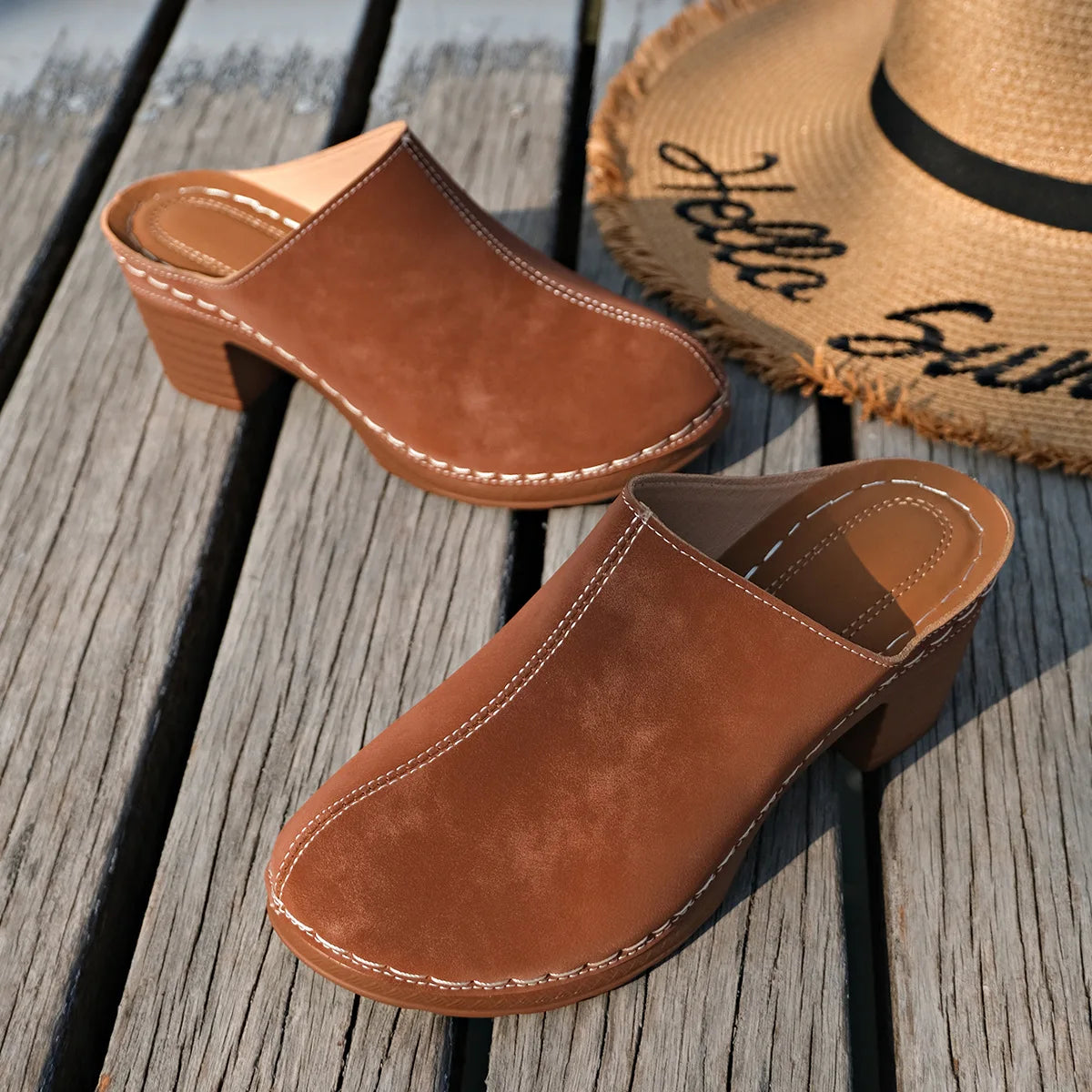 YBQJOO Women's Chunky Heel Mule Sandals – Floral Hollow Upper Chunky Heel Mules Axl Brown 39