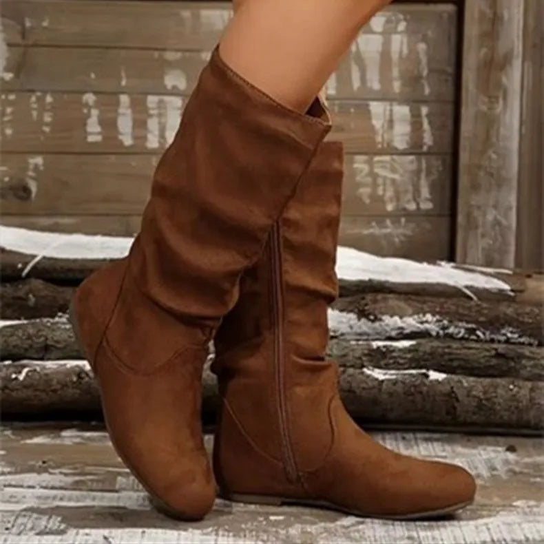 Women's Pleated Suede Mid-Calf Western Cowboy Boots | Side Zip Women's Cowboy Boots Axl