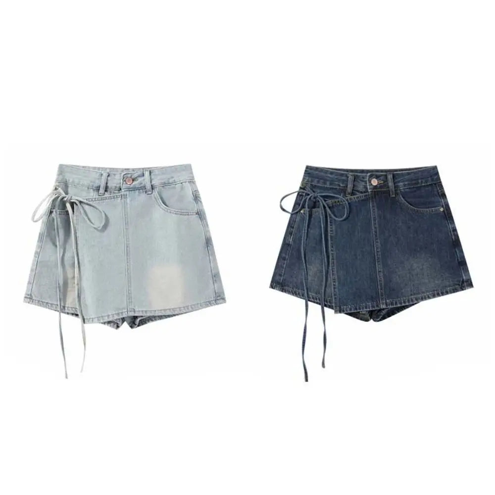 Y2K High Waist Denim A-Line Skirt – Lace-Up Wide Leg Blue Jean Denim A-Line Skirt Axl