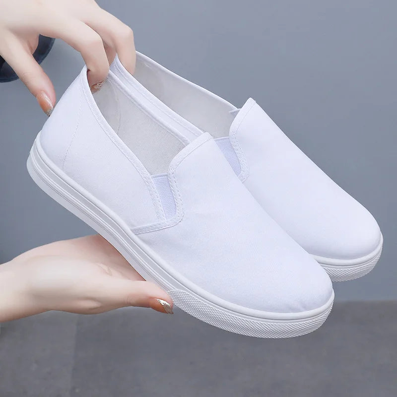 YBQJOO Women's Canvas Slip-On Flats | Nonslip Casual Work Shoes Women's Canvas Flats Axl WHITE 41