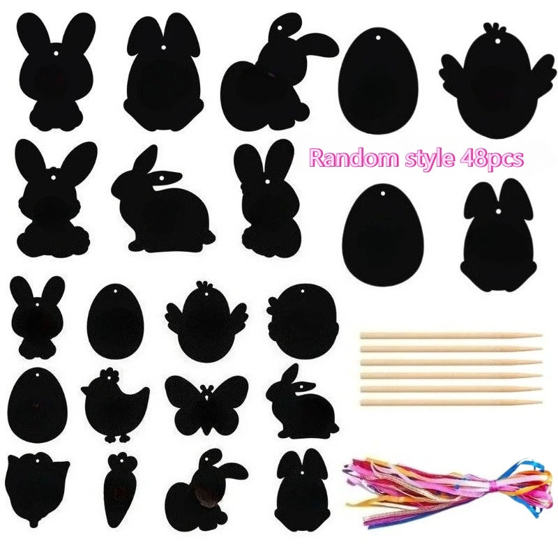 Scratch Paper Cards with Wooden Stylus & Ribbons – 24/48 Pc DIY Scratch Art Craft Kit Axl Random style 48pcs