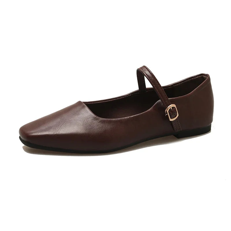 Mary Jane Low Heel Shoes – Retro Square Toe Buckle Flats Mary Jane Flats Axl