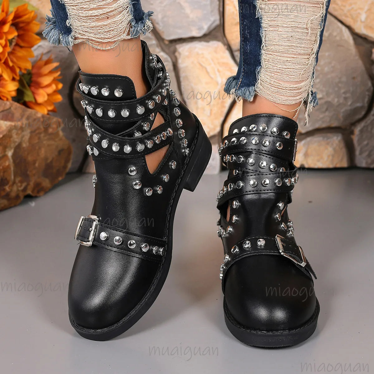 Women's Punk Ankle Boots – Black Rivet Buckle Strap Square Heel Women's Ankle Boots Axl