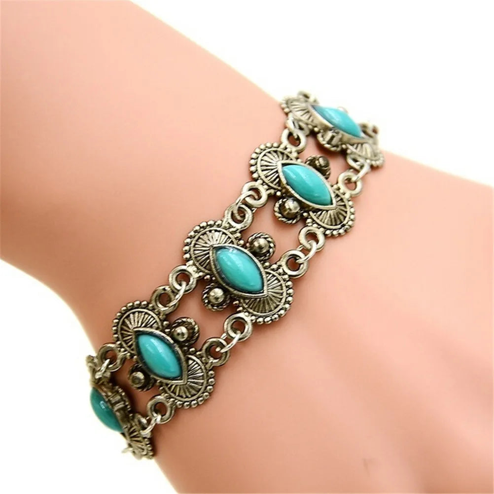 Bohemian Women's Silver Turquoise Bangle Charm Bracelet Charm Bangle Bracelet Axl