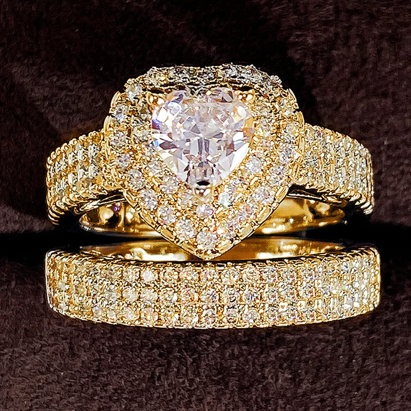 Huitan 2-Pc CZ Heart Ring Set – Women's Wedding & Party Rings Bridal Ring Set Axl