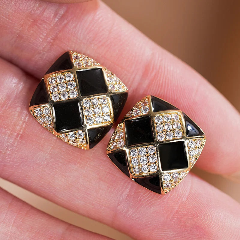 Huitan Gold Grid Stud Earrings – Geometric CZ Fashion Jewelry Stud Earrings Axl