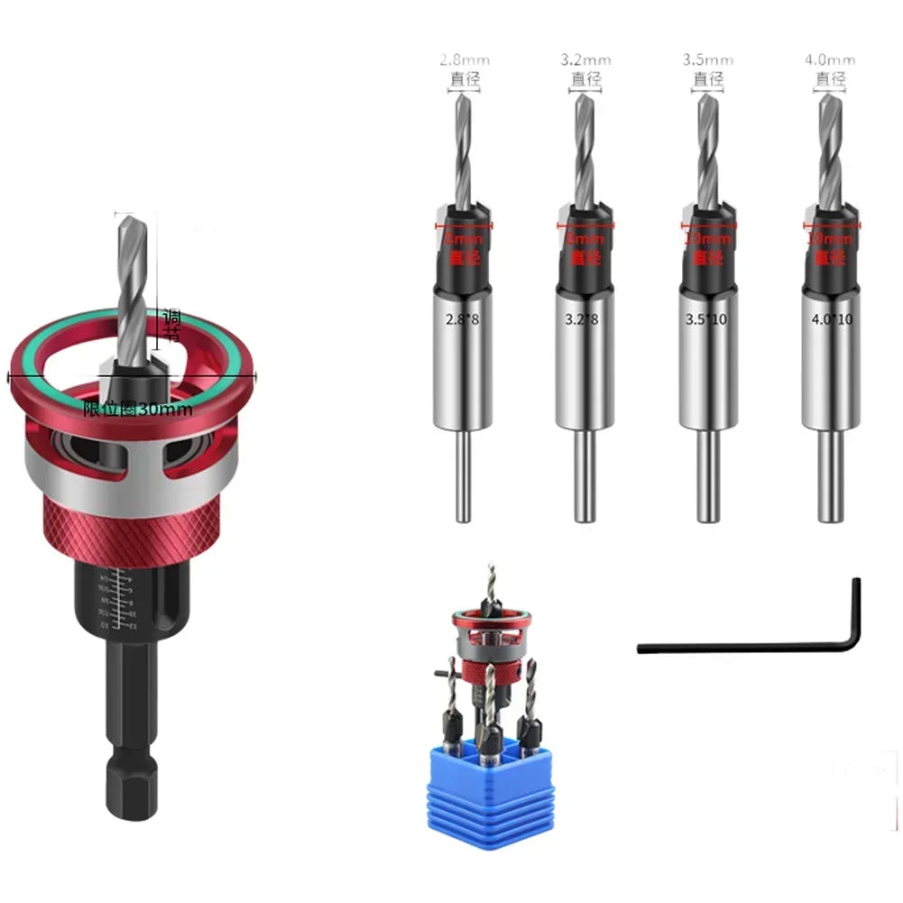 4 Flute Countersink Drill Bit – Adjustable Depth 1/4" Hex Shank Countersink Drill Bit Axl