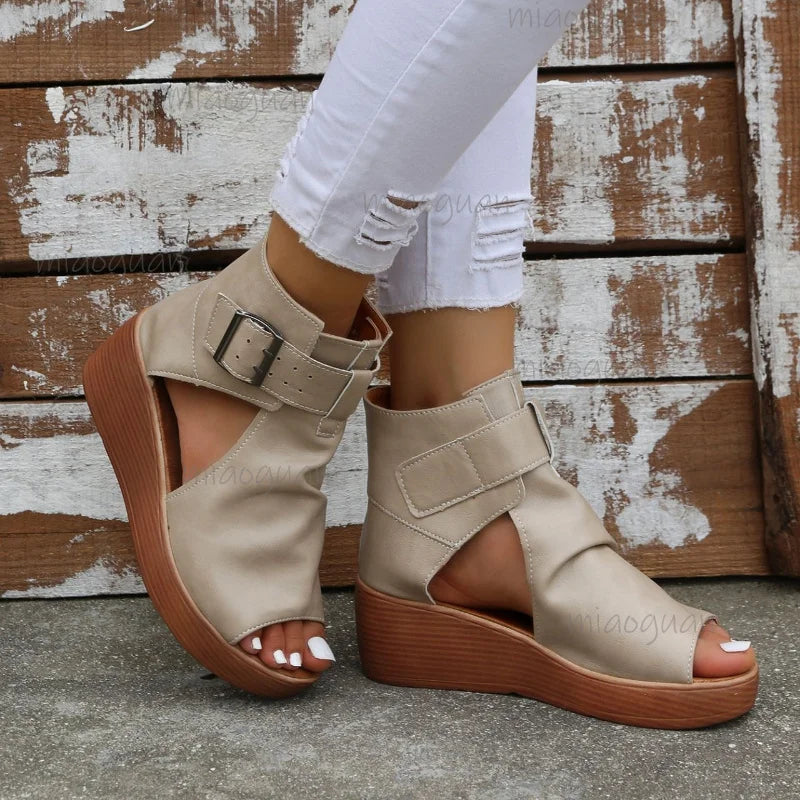 Plus Size Wedge Platform Sandals – Retro Roman Buckle Heels Wedge Platform Sandals Axl