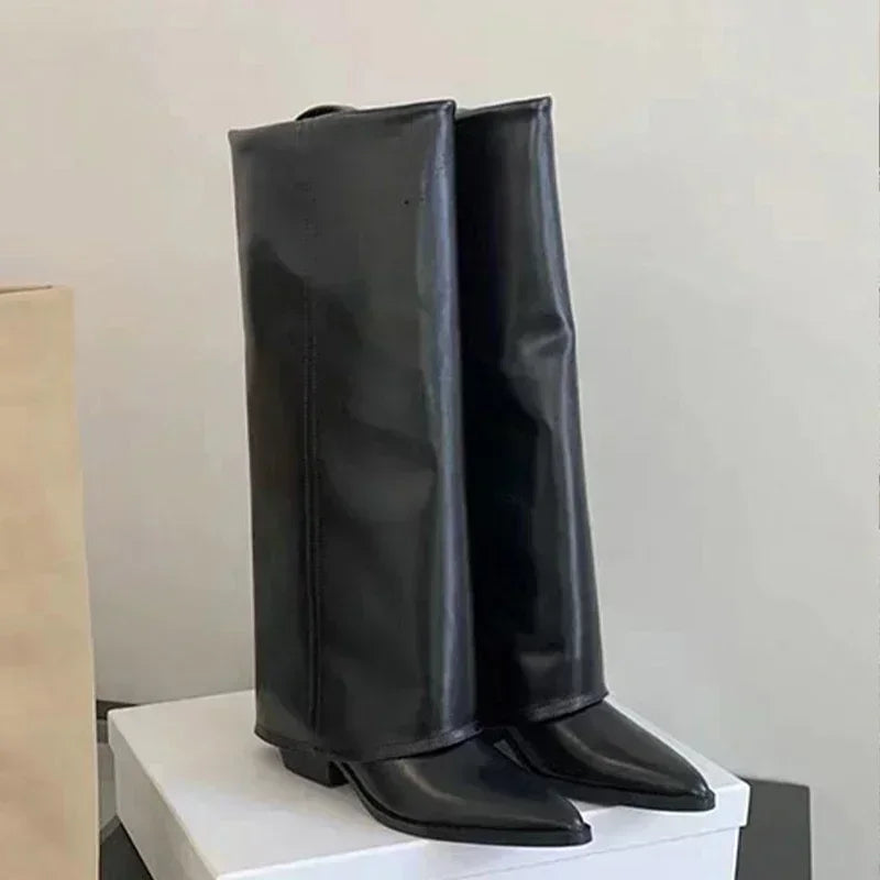 Women's Knee-High Chunky Heel Boots – Pointed Toe Platform Knee-High Boots Axl black 36