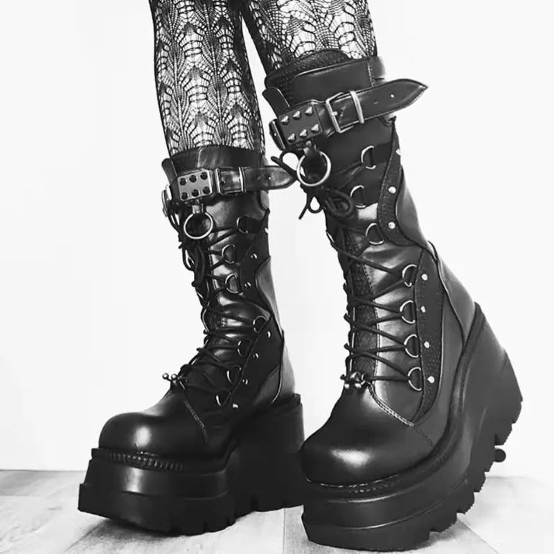 Women's Gothic Platform Boots – Rivet Punk High Heel Wedge Platform Boots Axl