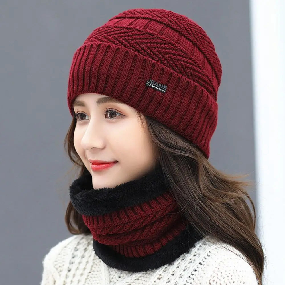 Winter Thermal Fleece Beanie Hat & Scarf Set – 2-in-1 Warm Beanie Hat Scarf Set Axl Wine red