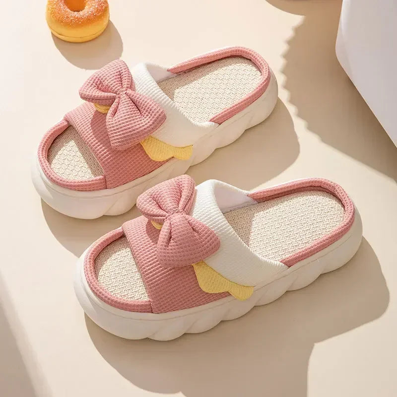 Women's Linen Bowknot Slippers – Anti-Slip Flat Cotton Slides House Slippers Axl Pink 40-41