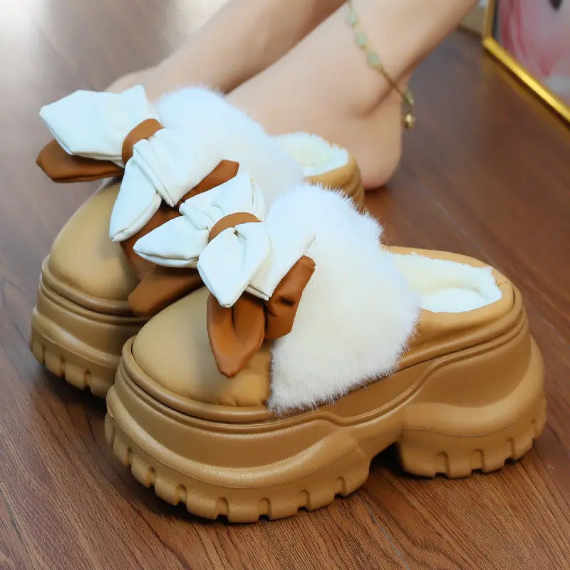 Women's Bow Plush High-Heel Slippers – Warm Winter Slides Plush Heel Slippers Axl Brown slipper 38-39