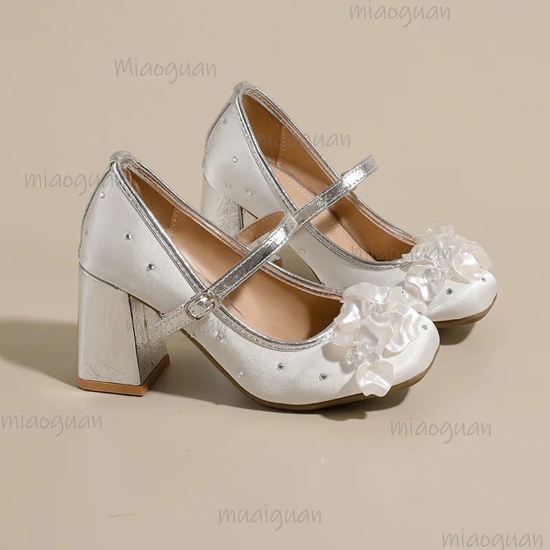 Rhinestone Flower Mary Jane Heels – Women's 7.5cm Party Pumps Mary Jane Pumps Axl