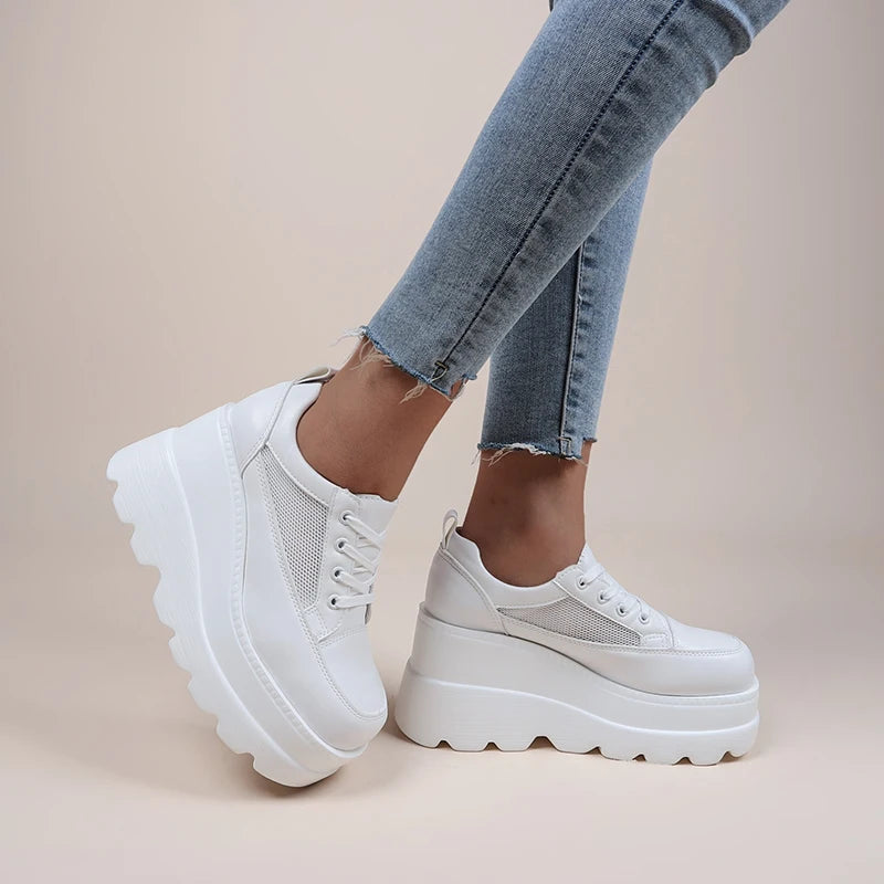 Women's White Wedge Platform Sneakers – Leather Chunky Pumps Wedge Platform Pumps Axl