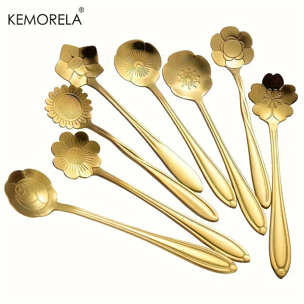 8-Piece Golden Flower Mini Spoon Set – Stainless Steel Dessert Dessert Spoon Set Axl 8PCS Golden
