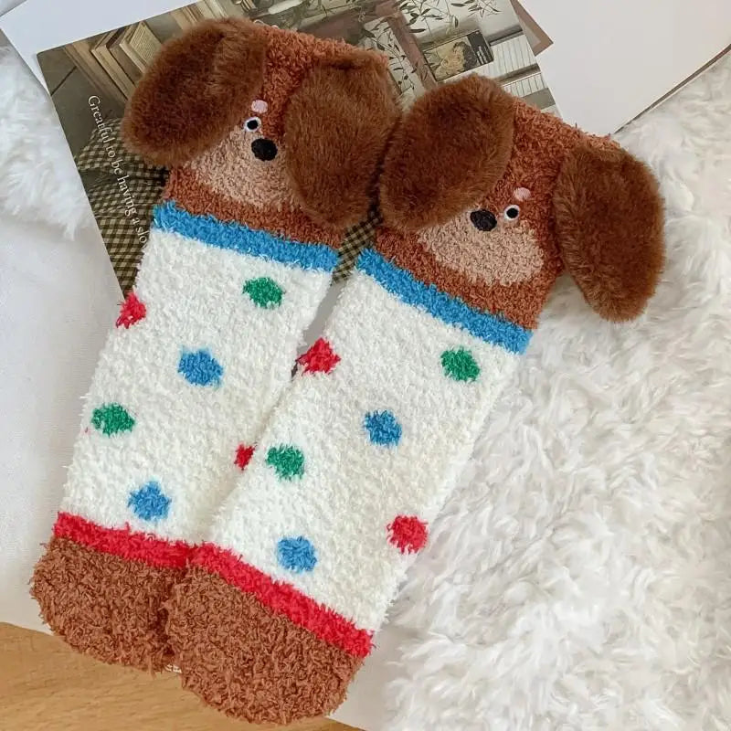 Women's Fluffy Coral Fleece Socks – 3D Dog Ear Cartoon Design Novelty Fluffy Socks Axl A2 One Size
