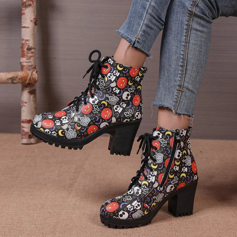 UXST Women's Halloween Printed Platform Ankle Boots | Square Heel Platform Ankle Boots Axl