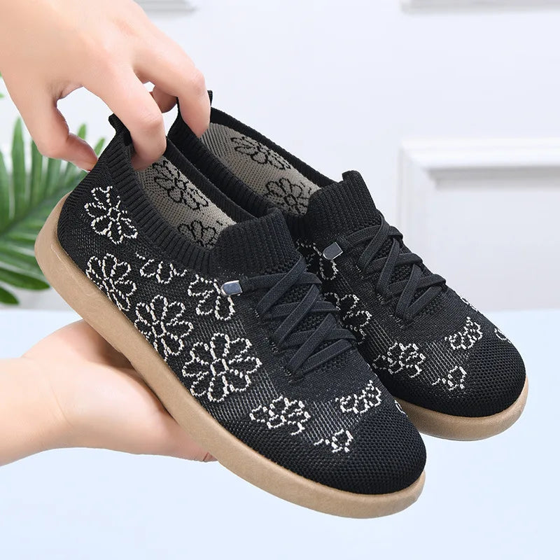 Women's Floral Knit Sneakers – Breathable Lightweight Flat Shoes Women's Flat Sneakers Axl