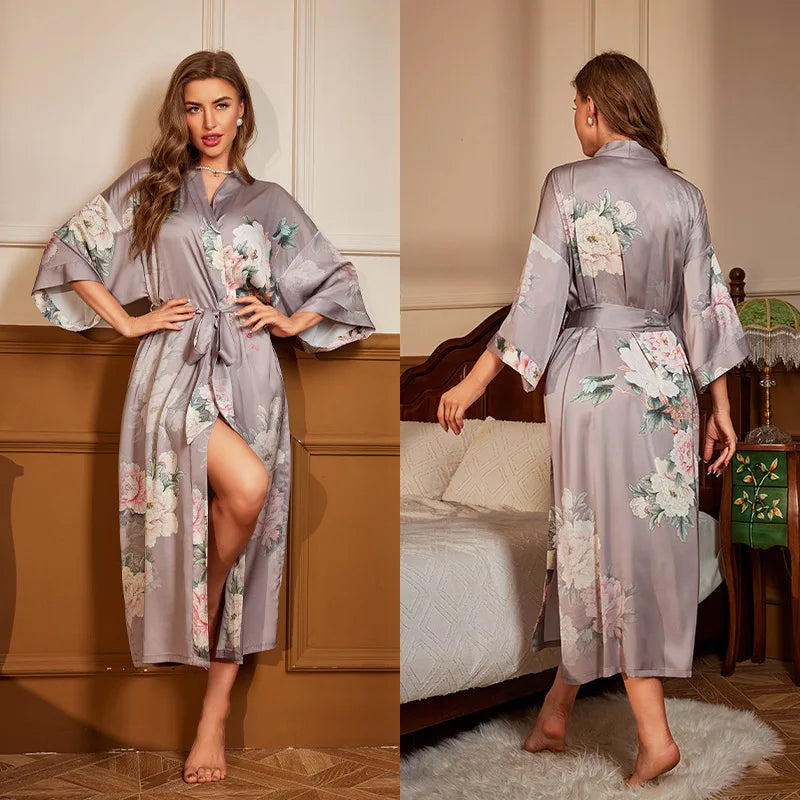 Women's Floral Satin Kimono Robe – Lace-Up Silk Bathrobe Satin Kimono Robe Axl 11 One Size