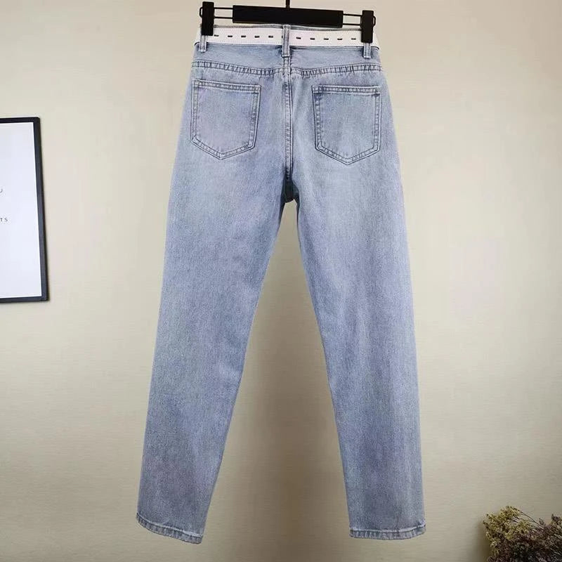 Women's Ripped Jeans Rhinestone Beaded High Waist Cropped Embellished Denim Jeans Axl