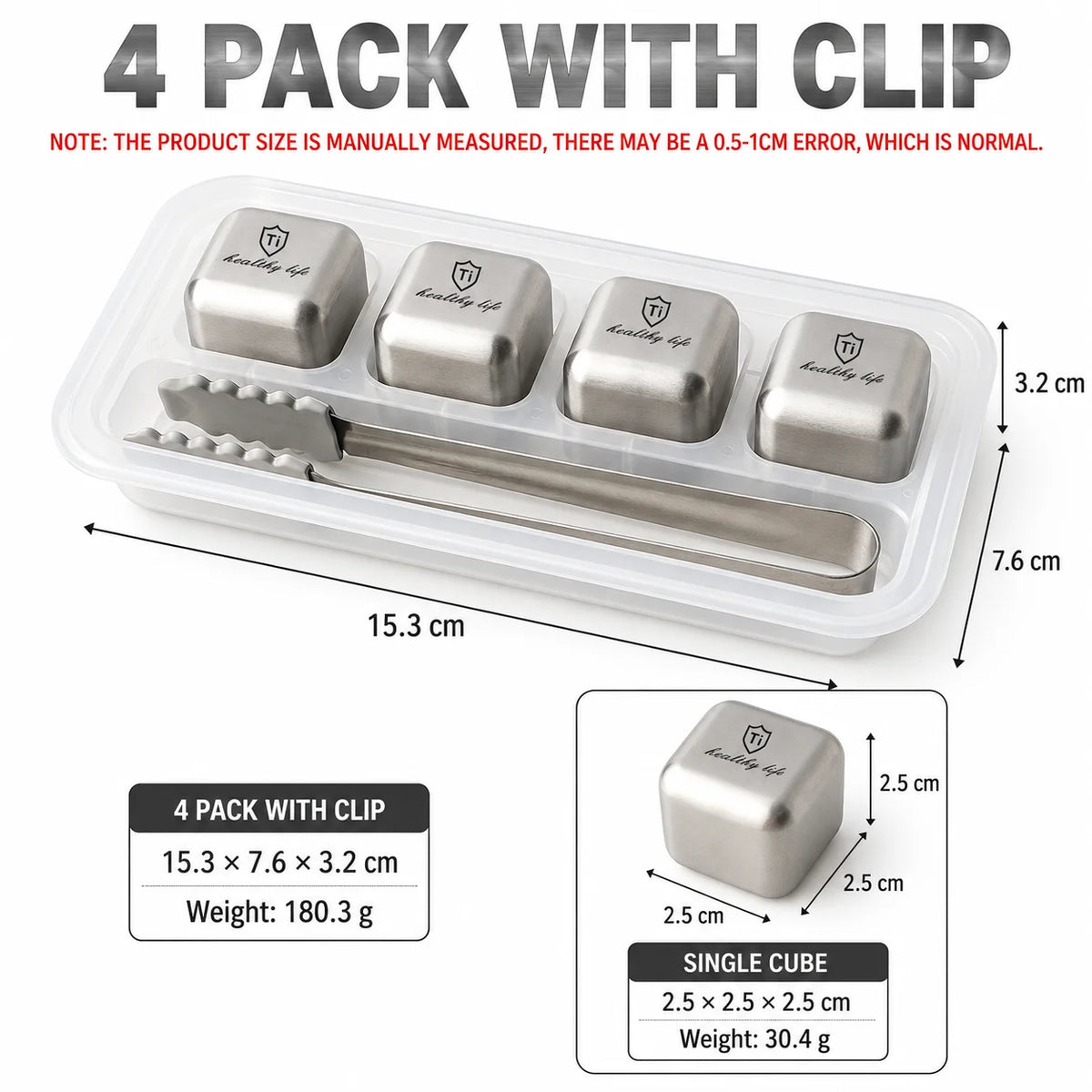 Titanium Stainless Steel Reusable Ice Cubes Set with Tongs Whiskey Stones Set Axl 4 Pack with Clip