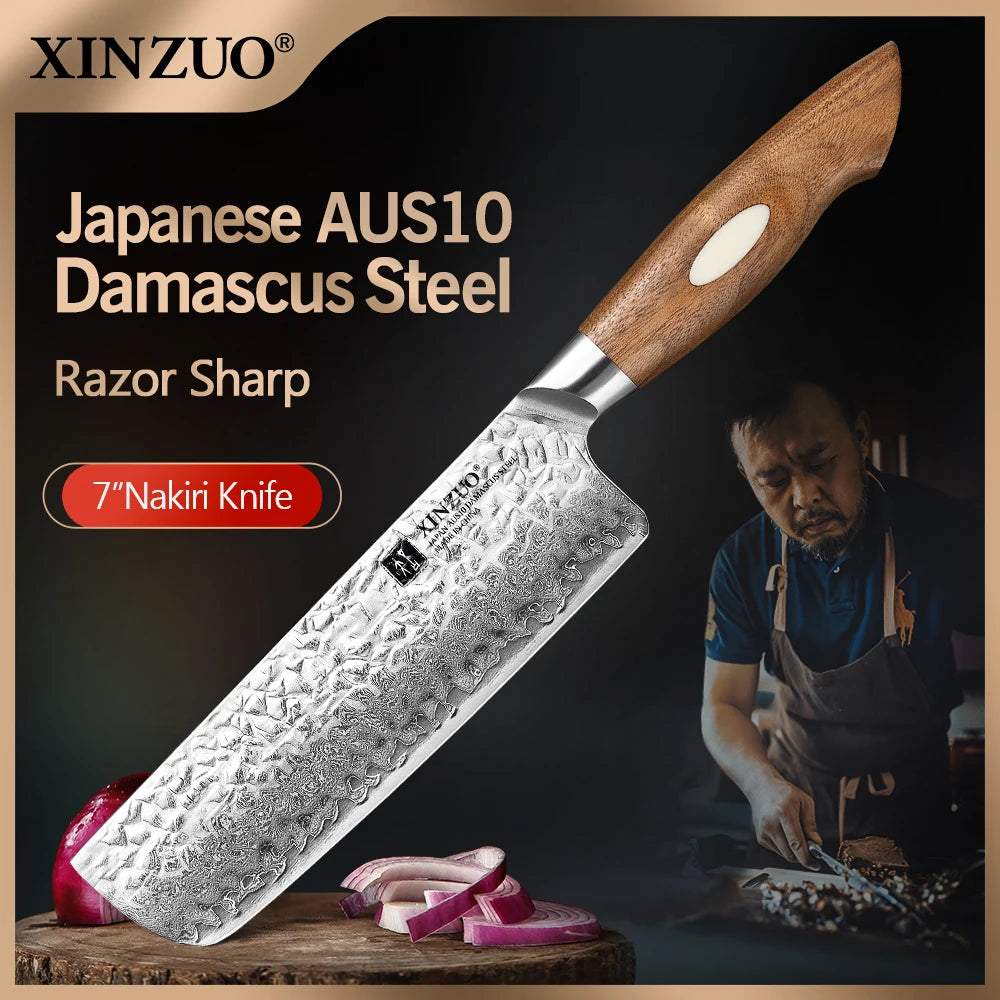 XINZUO 7" Nakiri Knife – AUS10 Damascus Steel Walnut Handle Damascus Nakiri Knife Axl China Mainland