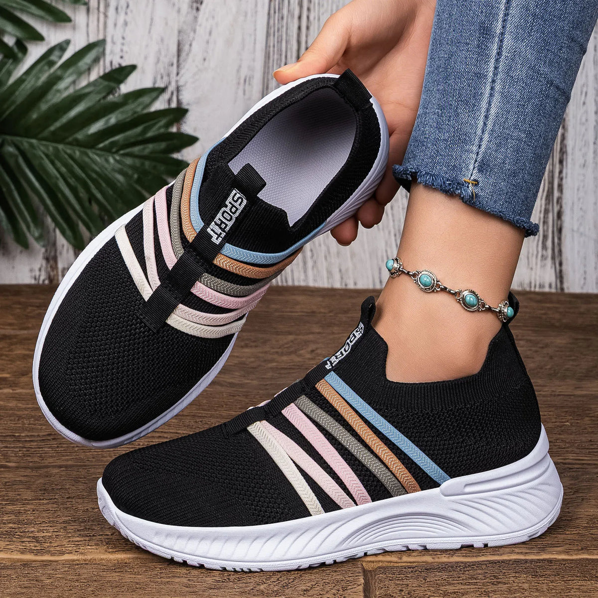 Women's Mesh Knit Striped Slip-On Platform Sneakers Women's Sneakers Axl