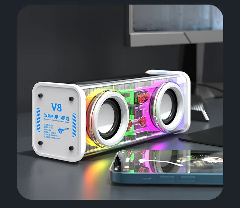 V8 Transparent Mecha Bluetooth Speaker RGB TWS Subwoofer Portable Bluetooth Speaker Axl White