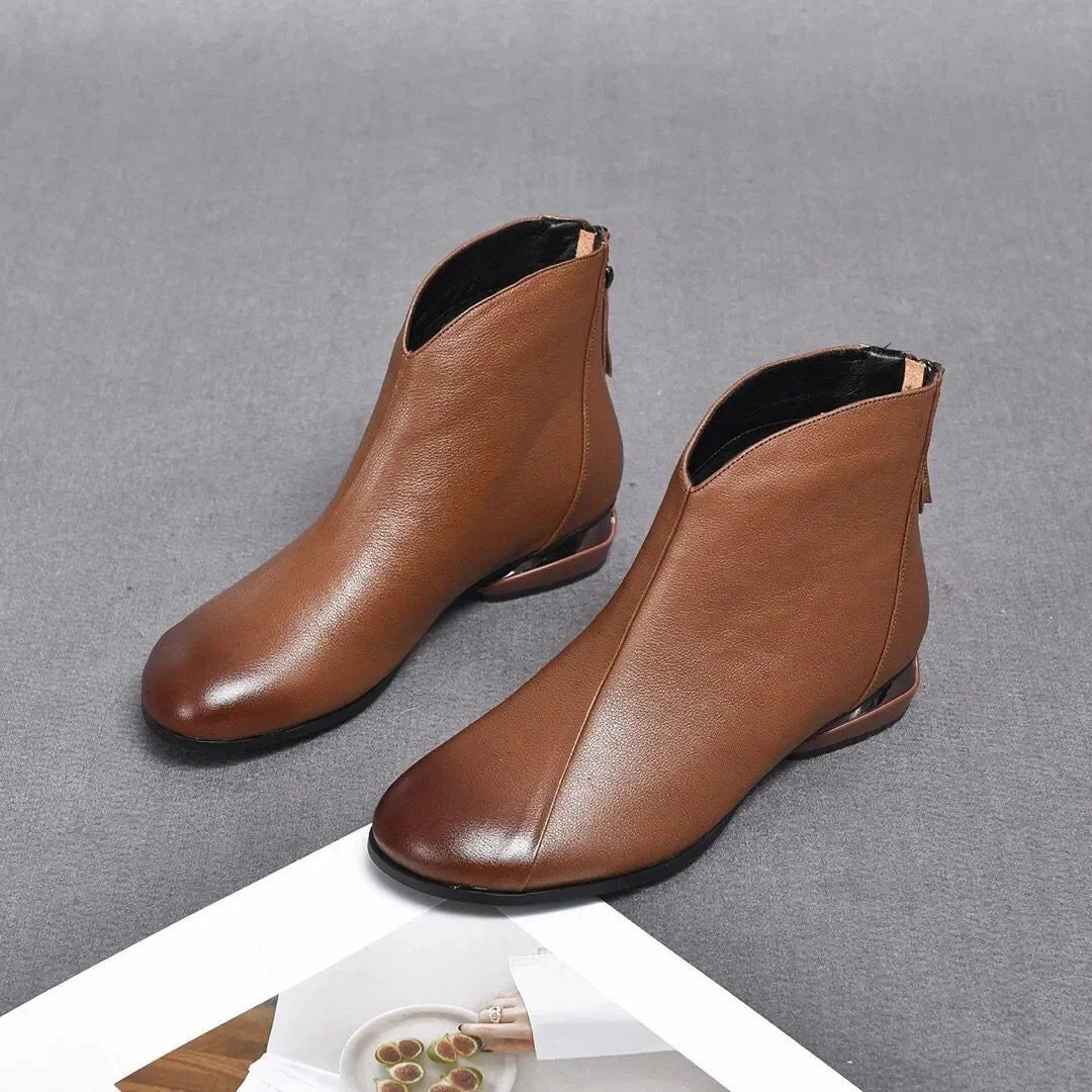 Women's PU Leather Ankle Boots – Low Heel Zip Short Boots Women's Ankle Boots Axl Brown (Fabric) 35