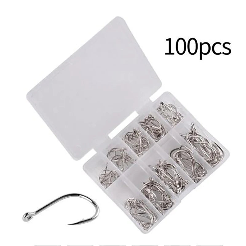 100-Pack Carbon Steel J-Shape Circle Fishing Hooks Non-Barb Fishing Hook Set Axl