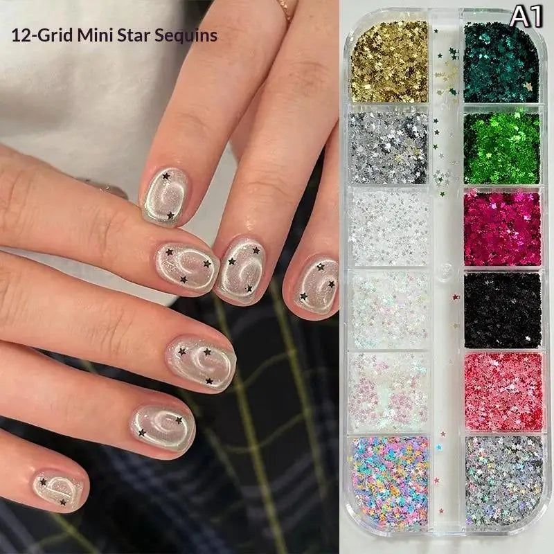 12-Grid Star Sequin 3D Nail Art Charms – DIY Manicure Decor Nail Art Charms Axl A1