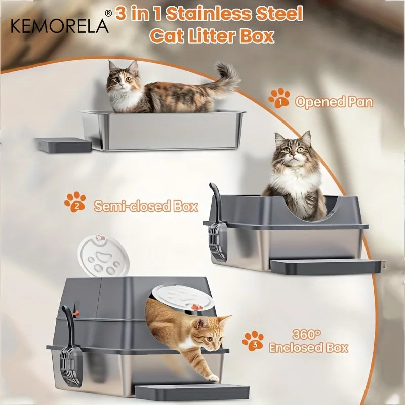 KEMORELA Stainless Steel Cat Litter Box with Lid & Scoop Cat Litter Box Axl