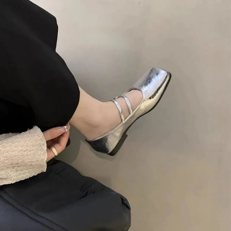 Women's Retro Mary Jane Ballet Flats – Square Toe Buckle Strap Women's Ballet Flats Axl Silver 40