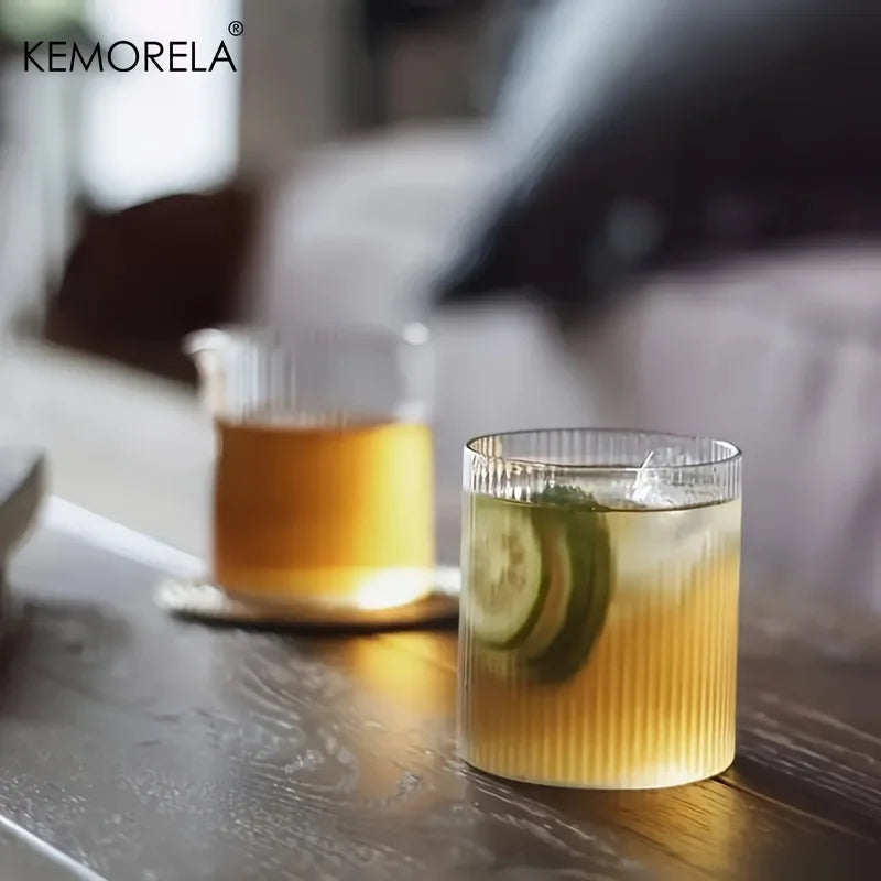 KEMORELA Vintage Ribbed Glass Cup Set 300ml | 4 or 6 Piece Glass Cup Set Axl