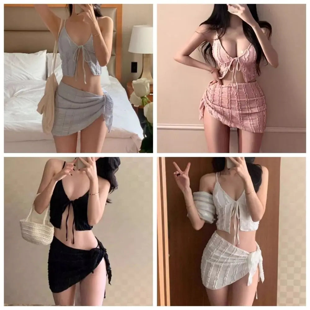 Three-Piece Strapless Bandeau Bikini Set | Korean Style Swimsuit Bikini Set Axl