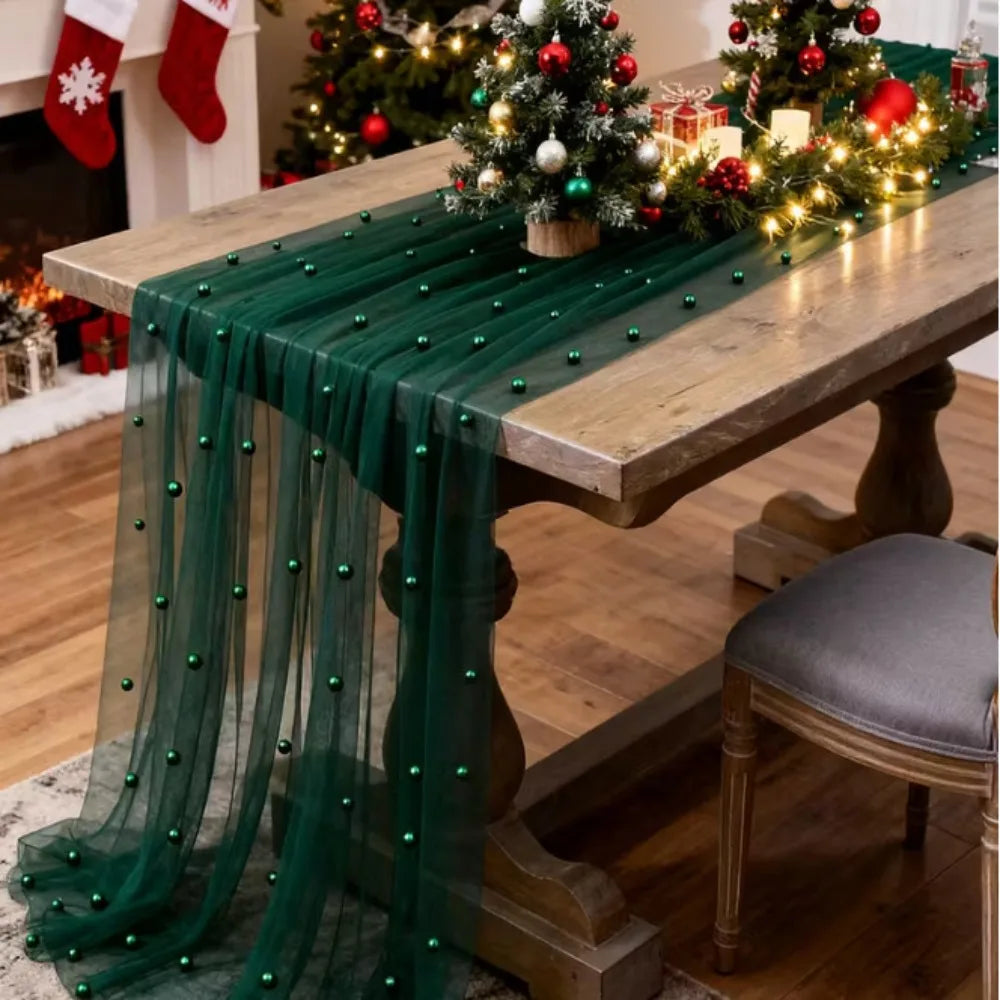 Pearl Tulle Table Runner – Sheer Mesh Gauze Drape 0.75×3M Tulle Table Runner Axl Dark Green