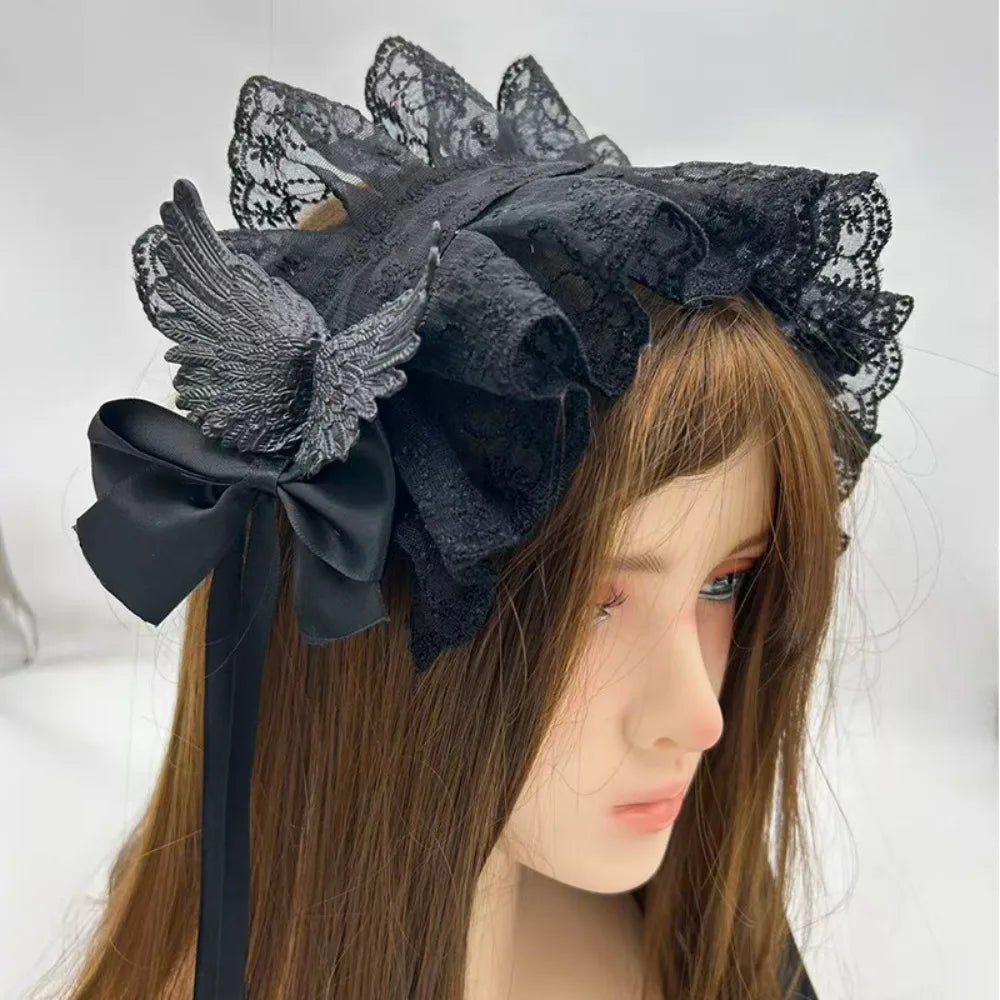 Gothic Lolita Wings Lace Headband – Ruffled Rivet Hairband Lace Hair Headband Axl Style 2