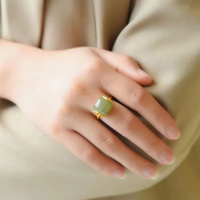 Vintage Auspicious Clouds Imitation Jade Adjustable Ring Women Adjustable Fashion Ring Axl