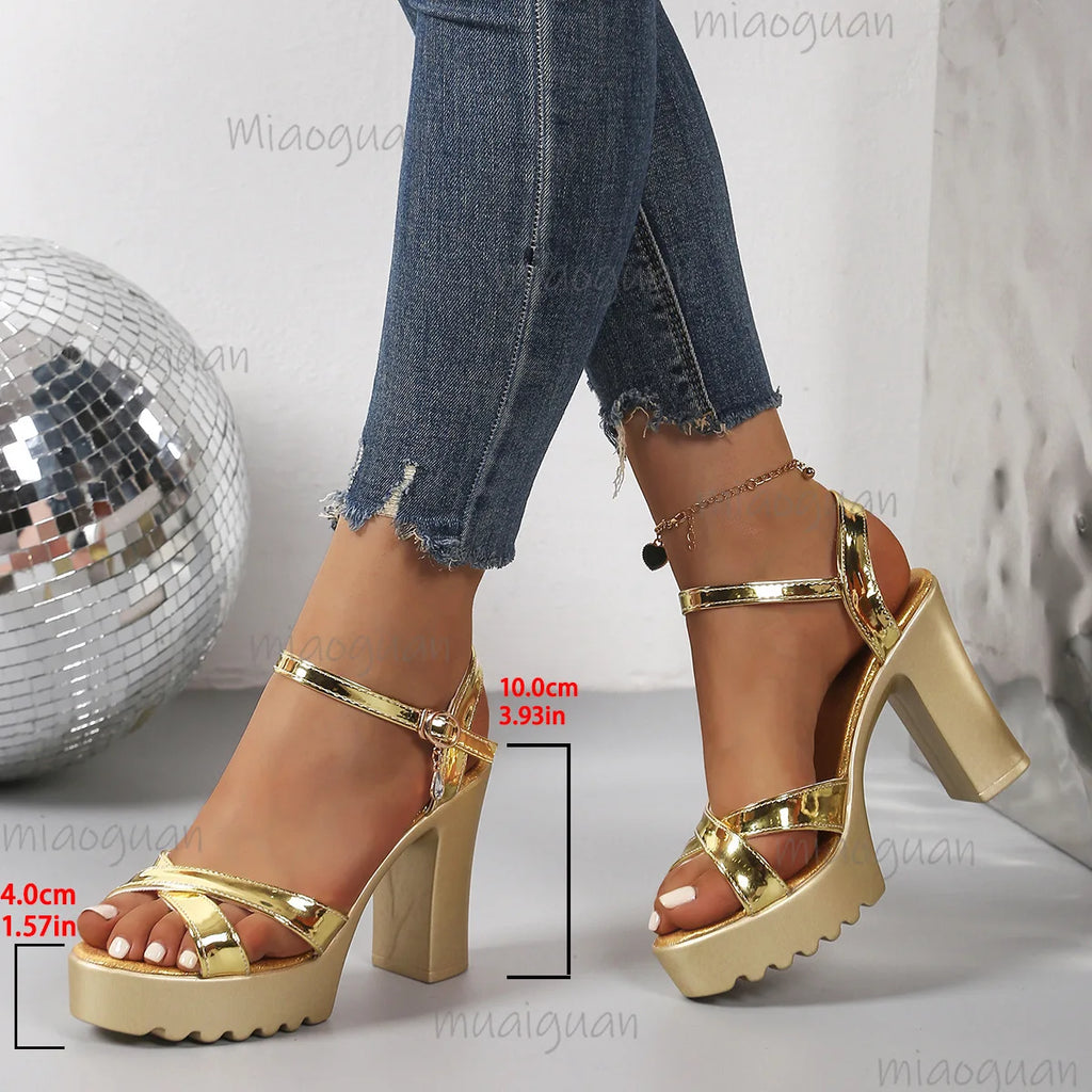 Women's Diamond Buckle Gladiator Platform High Heel Sandals Platform Heel Sandals Axl