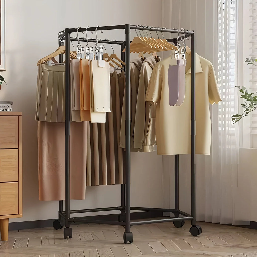Freestanding 6-Bar Clothes Rack with Wheels & Shelves | Steel Clothes Rack Axl