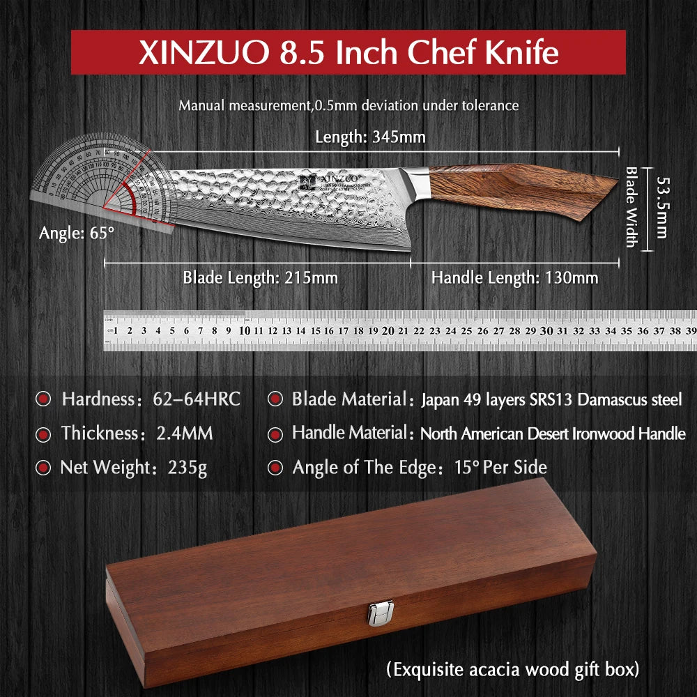 XINZUO 8.5" Damascus SRS13 Chef Knife – Ironwood Handle Damascus Chef Knife Axl