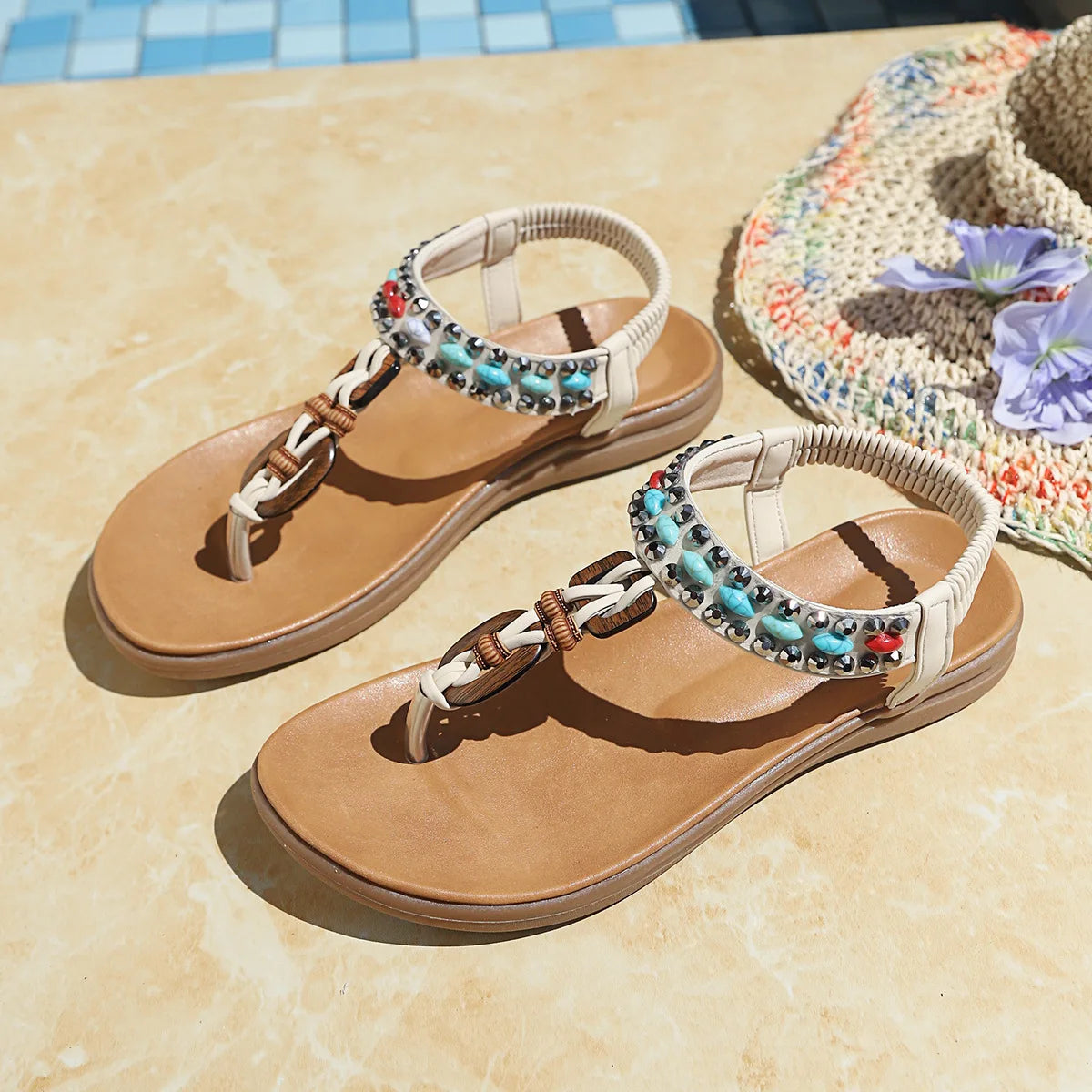 Bohemian Bead Gladiator Sandals – Women's Flat Beach Shoes Gladiator Sandals Axl Beige 37