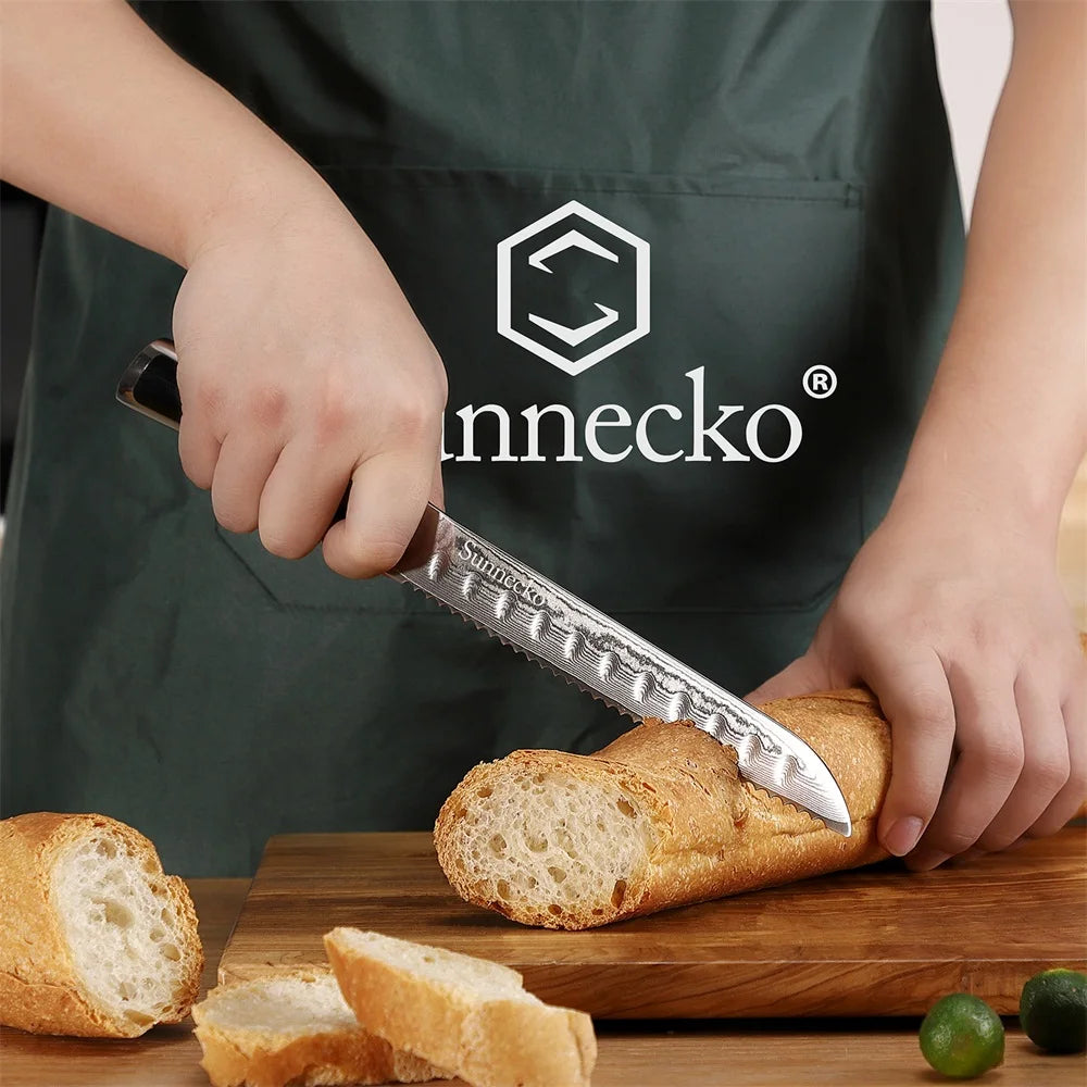 Sunnecko 8" Damascus Steel Serrated Bread Knife – 73 Layer VG10 Damascus Bread Knife Axl
