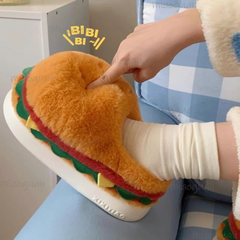 Women's Cartoon Hamburger Plush Platform Slippers | Fluffy Novelty House Slippers Axl