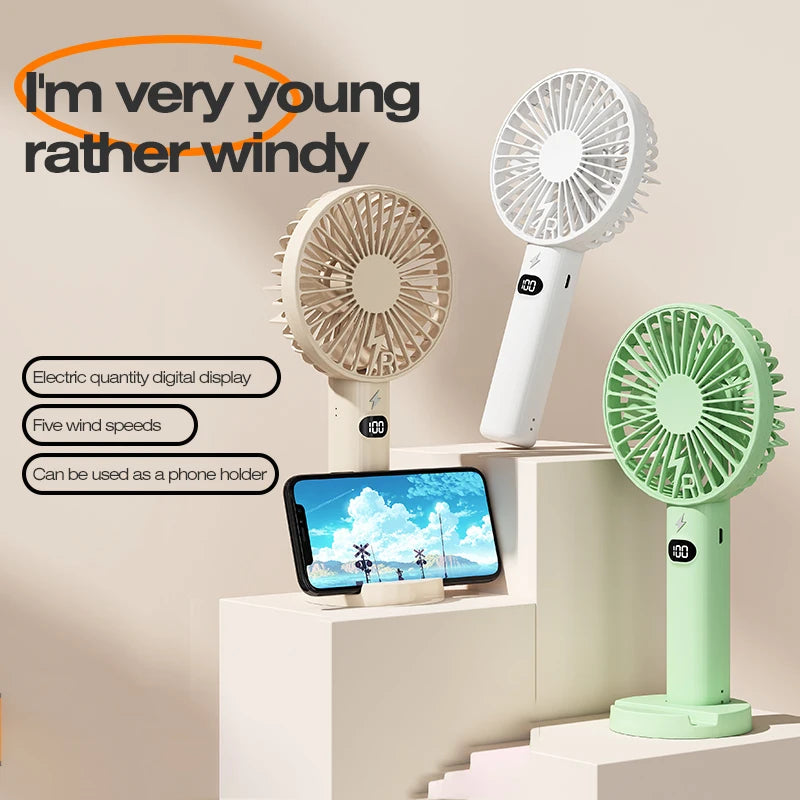 Portable Handheld Fan – 5-Speed LCD, Phone Holder & Powerbank Portable Personal Fan Axl